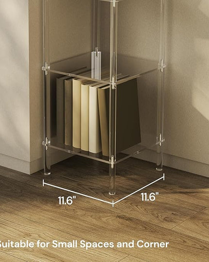 6 Tier Square Acrylic Bookshelf, Small Bookcase with Acrylic Fittings for Fixing to Wall, Corner Display Shelf for Living Room, Bedroom, Bathroom, Small Spaces, Clear, 11.6'' W x 53.9'' H - LeafyLoom