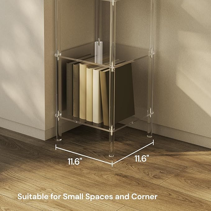 6 Tier Square Acrylic Bookshelf, Small Bookcase with Acrylic Fittings for Fixing to Wall, Corner Display Shelf for Living Room, Bedroom, Bathroom, Small Spaces, Clear, 11.6'' W x 53.9'' H - LeafyLoom
