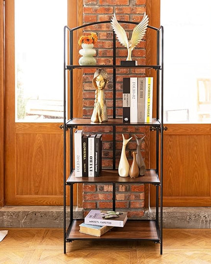 No Assembly Folding Bookshelf, 4 Tier Black Bookshelf, Metal Book Shelf for Storage, Folding Bookcase for Office Organization and Storage, 12.6" D x 22.44" W x 55.51" H - LeafyLoom