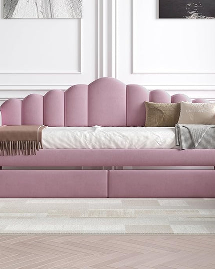 Twin Size Upholstered Daybed with 2 Drawers and Striped Headboard, Solid Wood Velvet Bed with USB Charging Ports, No Box Spring Needed, for Living Room, Bedroom, Dorm, Space-Saving Design - LeafyLoom