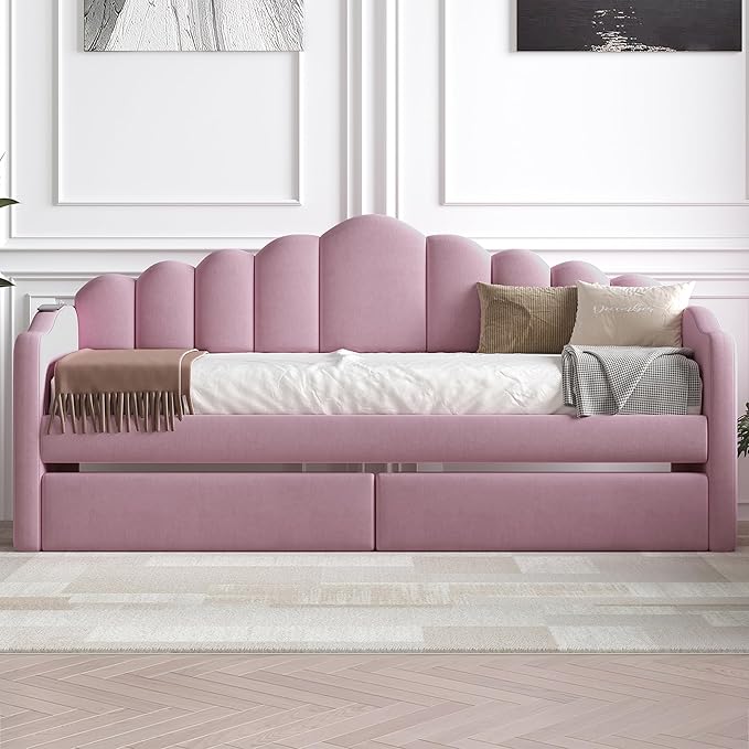 Twin Size Upholstered Daybed with 2 Drawers and Striped Headboard, Solid Wood Velvet Bed with USB Charging Ports, No Box Spring Needed, for Living Room, Bedroom, Dorm, Space-Saving Design - LeafyLoom
