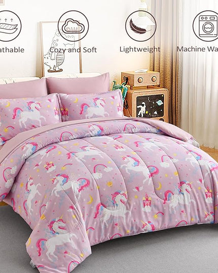Kids Comforter Twin Bedding Sets for Girls, 6 Pieces Bed in a Bag with Shams, Sheet Set, Pink Unicorn Double Soft Microfiber Kids Comforter Bedding Set - LeafyLoom