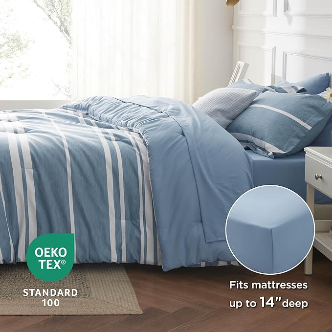 Bedsure Twin XL Comforter Set for College Boys, Blue White Striped Bedding Comforter Sets All Season Bed Set with 1 Pillow Sham, Flat Sheet, Fitted Sheet and 1 Pillowcase - LeafyLoom