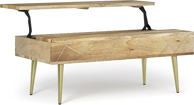 SIMPLIHOME Jager SOLID MANGO WOOD 48 Inch Wide Rectangle Contemporary and Mid century Large Lift Top Coffee Table in Natural, for The Living Room and Family Room - LeafyLoom