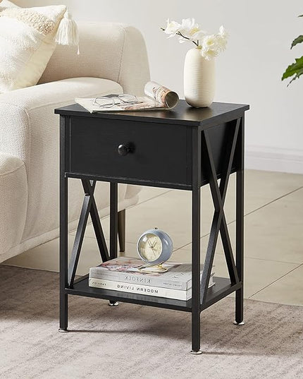 VECELO Night Stands for Bedroom Rustic Bedside End Tables with Drawer Storage, Nightstand (Set of 2), Black(Set of 2) - LeafyLoom