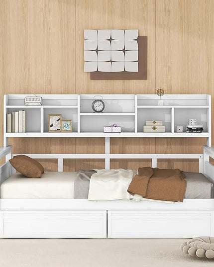 Merax Wood Daybed with with Bedside Shelves and Two Drawers, Twin Size Sofa Bed Frame for Kids Teens Adults, No Box Spring Needed White - LeafyLoom