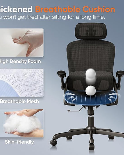 Ergonomic Office Chair, High Back Mesh Desk Chair with Adjustable Lumbar Support, 3D Flip-Up Arms, Headrest, Swivel Rolling Wheel, Big and Tall Comfy Wide Work Task Computer Gaming Chairs for Adults - LeafyLoom
