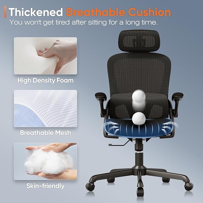 Ergonomic Office Chair, High Back Mesh Desk Chair with Adjustable Lumbar Support, 3D Flip-Up Arms, Headrest, Swivel Rolling Wheel, Big and Tall Comfy Wide Work Task Computer Gaming Chairs for Adults - LeafyLoom