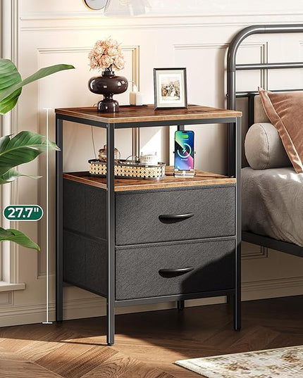 Night Stand with Charger Station, 27.7 Inch Tall Nightstand, Bed Side Table with 2 Fabric Drawers, Fabric Drawer Dresser for Bedroom, Living Room, Rustic Brown and Black - LeafyLoom
