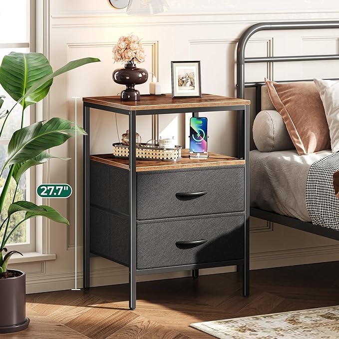 Night Stand with Charger Station, 27.7 Inch Tall Nightstand, Bed Side Table with 2 Fabric Drawers, Fabric Drawer Dresser for Bedroom, Living Room, Rustic Brown and Black - LeafyLoom