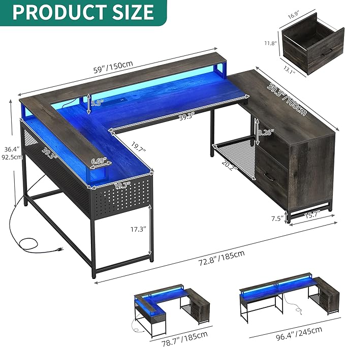 YITAHOME U Shaped Desk, L Shaped Desk with Drawers, Reversible Computer Desk with Power Outlets & LED Lights, Corner Desk Office Desk with Monitor Stand & Storage Shelves, Grey - LeafyLoom