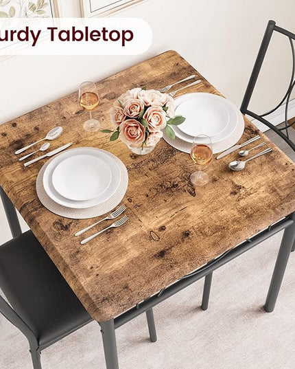 Dining Table Set for 2, 3 Piece Kitchen Table Set with 2 Upholstered Chairs, Square Kitchen Table Set for Small Space, Apartment, Dining Room, Retro Brown - LeafyLoom