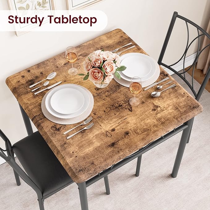 Dining Table Set for 2, 3 Piece Kitchen Table Set with 2 Upholstered Chairs, Square Kitchen Table Set for Small Space, Apartment, Dining Room, Retro Brown - LeafyLoom