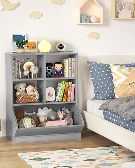 Aheaplus Toy Storage Organizer with Bookcase, 3 Cubby Bookshelf Toy Storage Cabinet, Open Multi-Bins Toys&Books Storage Display Organizer for Playroom, Bedroom, Nursery, School, Grey - LeafyLoom