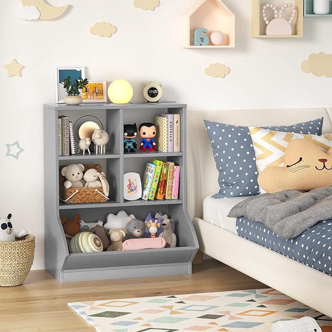 Aheaplus Toy Storage Organizer with Bookcase, 3 Cubby Bookshelf Toy Storage Cabinet, Open Multi-Bins Toys&Books Storage Display Organizer for Playroom, Bedroom, Nursery, School, Grey - LeafyLoom