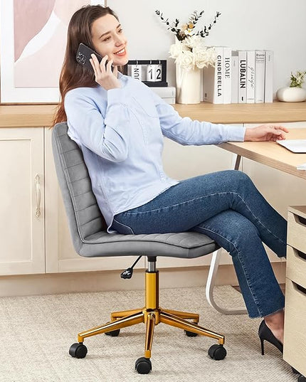 Furniliving Home Office Chair, Armless Vanity Chair with Wheels Swivel Velvet Computer Rolling Desk Chair with Back, Adjustable Accent Chair with Gold Metal Base Stool Chair,Gray - LeafyLoom