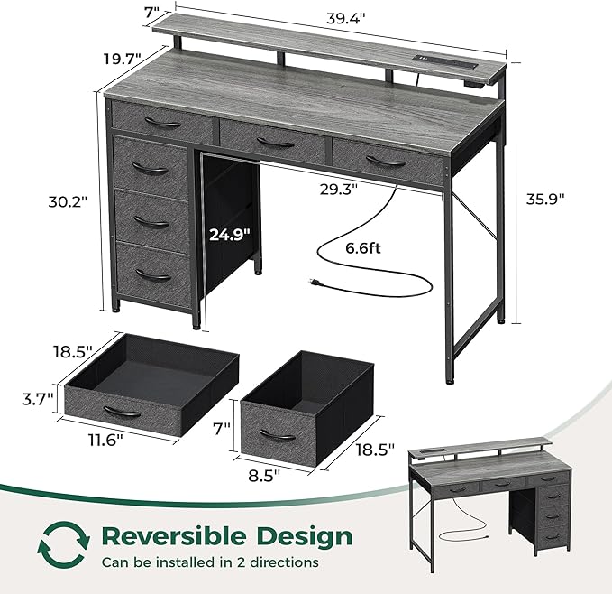 Gaming Desk with 6 Drawers, Computer Desk with LED Lights Power Outlets and Type-C, 39 Inch Office Desk with Storage, Monitor Stand, Writing Desk Work Desk for Home Office, Bedroom, Study, Grey - LeafyLoom