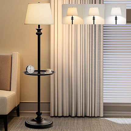 DWVO Floor Lamp with Tray, Retro Style 57'' Metal End Floor Lamp with Linen Shade, Weighted Base, and ON/OFF Rotary Switch for Bedroom, Living Room, Office, Study, Office (Bulbs not Included) - LeafyLoom