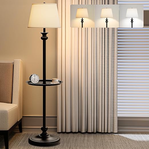DWVO Floor Lamp with Tray, Retro Style 57'' Metal End Floor Lamp with Linen Shade, Weighted Base, and ON/OFF Rotary Switch for Bedroom, Living Room, Office, Study, Office (Bulbs not Included) - LeafyLoom