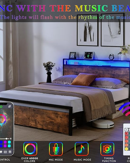LED Bed Frame Full Size with LED Lights, USB Ports & Outlets, Full Bed Frame with Storage Headboard, Two Drawers, Industrial Style Platform Bed with Wooden Headboard, Metal Slats Supports - LeafyLoom