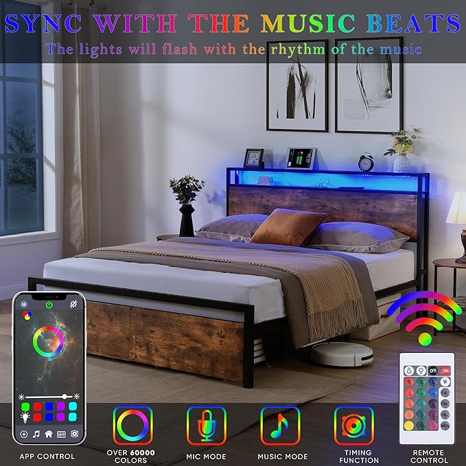 LED Bed Frame Full Size with LED Lights, USB Ports & Outlets, Full Bed Frame with Storage Headboard, Two Drawers, Industrial Style Platform Bed with Wooden Headboard, Metal Slats Supports - LeafyLoom