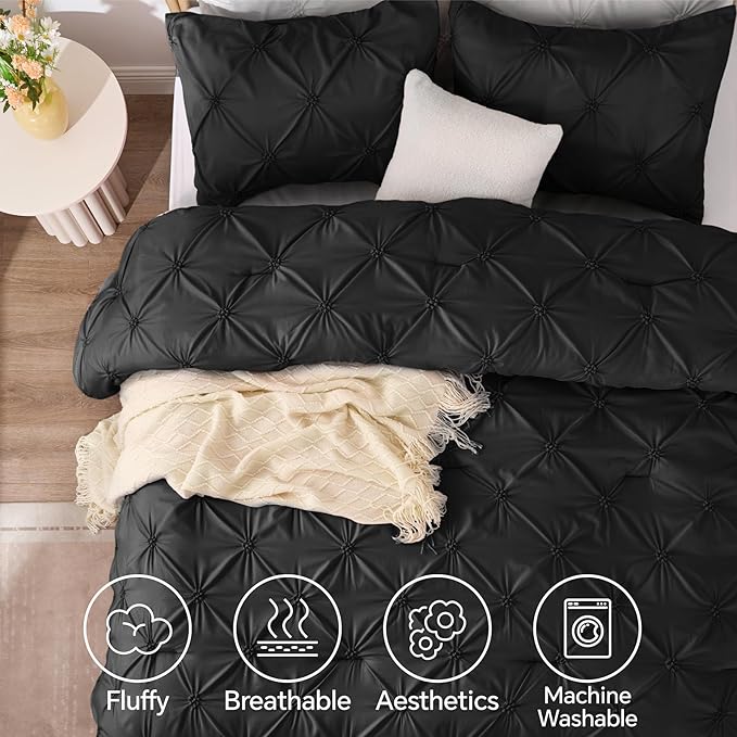 BEDELITE Black King Size Comforter Set - 3 Pieces Boho Pintuck Bedding Comforter Sets, Lightweight Soft & Warm King Bedding Set with 2 Pillowcases for All Season - LeafyLoom