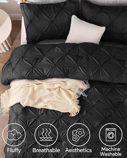 BEDELITE Black Comforter Set Queen - 3 Pieces Boho Pintuck Bedding Comforter Sets, Lightweight Soft & Warm Bed Comforter Queen with 2 Pillowcases for All Season - LeafyLoom