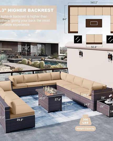 Kullavik 15 Pieces Outdoor Patio Furniture Set with 43" 55000BTU Gas Propane Fire Pit Table PE Wicker Rattan Sectional Sofa Patio Conversation Sets,Khaki - LeafyLoom