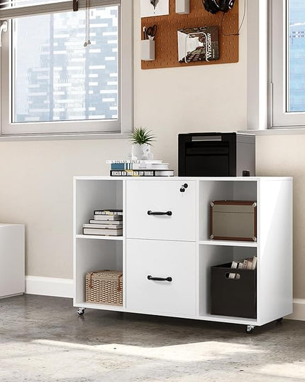 Yaheetech White File Cabinet Mobile Letter Size File Cabinet with 2 Drawers and 4 Open Storage Shelves Large Mobile Lateral Filing Cabinet Printer Stand for Home and Office - LeafyLoom