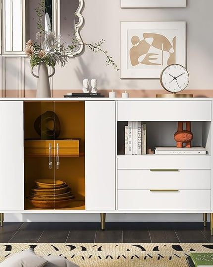 Merax Sideboard Buffet Cabinet with Storage, Light Luxury Style with Acrylic Doors & 3 Drawers, White - LeafyLoom