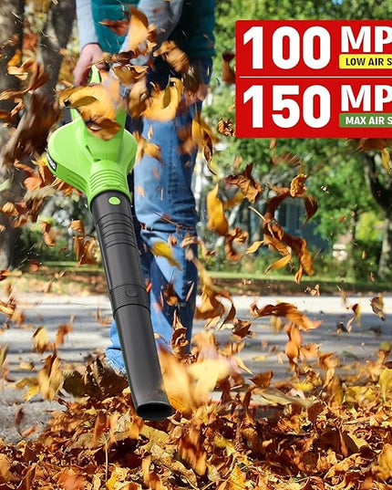 Cordless Leaf Blower, 150MPH Handheld Electric Leaf Blower with 2 x4.0Ah Battery and Charger, 2 Speed Modes, 20V Lightweight Battery Operated Leaf Blowers for Lawn Care, Patio, Blowing Leaves and Snow - LeafyLoom