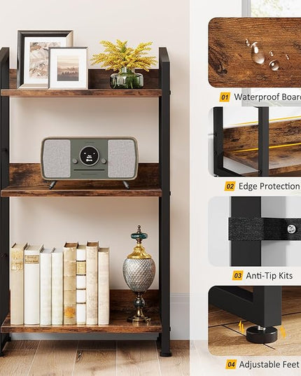 3 Tier Bookshelf: Small Modern Industrial Bookshelves for Bedroom, Short Bookcase Book Shelf for Small Spaces (Rustic Brown) - LeafyLoom