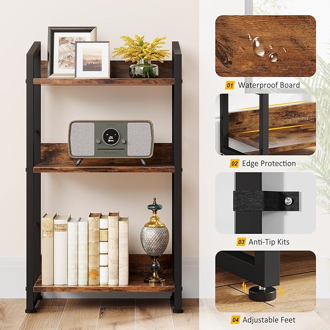 3 Tier Bookshelf: Small Modern Industrial Bookshelves for Bedroom, Short Bookcase Book Shelf for Small Spaces (Rustic Brown) - LeafyLoom
