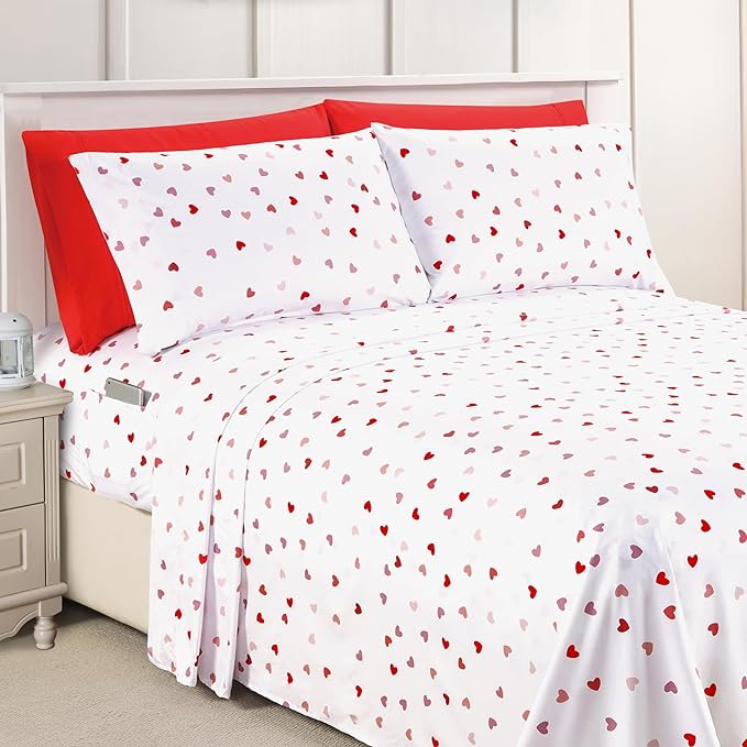 Elegant Comfort Softest and Coziest 6-Piece Sheet Set - 1500 Premium Hotel Quality Microfiber - Deep Pocket, Wrinkle Resistant 6-Piece Heart Pattern Bed Sheet Set, California King, Valentina - LeafyLoom