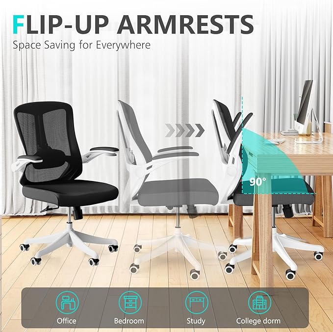 Office Chair with 350LBS Capacity,Ergonomic Comfort Home Desk Chair,Mid Back Gaming Chair with Wheels, Adjustable Height, Lumbar Support,Flip-up Armrest - LeafyLoom