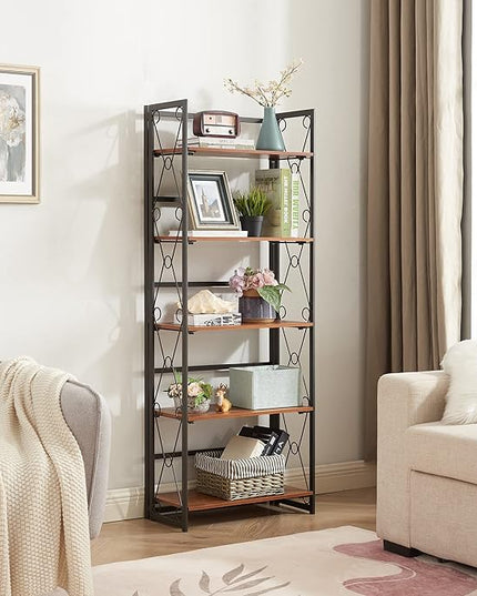 VECELO Folding Bookshelf,5 Tier Bookcase Foldable Easy Assembly, Industrial Book Shelf Storage Organizer with X Metal Frame and Anti-Toppling Design,1 Set - LeafyLoom