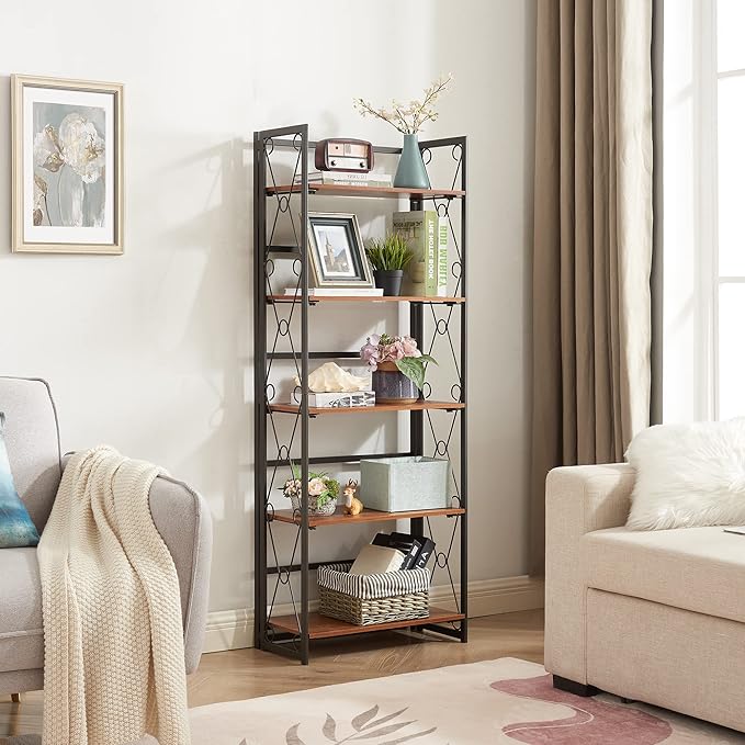 VECELO Folding Bookshelf,5 Tier Bookcase Foldable Easy Assembly, Industrial Book Shelf Storage Organizer with X Metal Frame and Anti-Toppling Design,1 Set - LeafyLoom