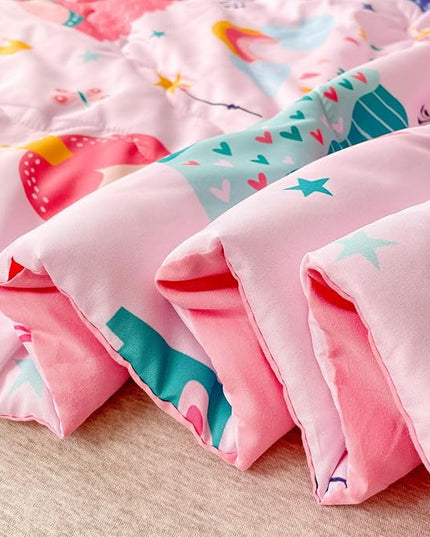 Wajade Kids Pink Princess Comforter Set Bed in A Bag Queen Size 7 Piece Princess Fairy Tales Castle Bedding Set for Girl (1 Comforter, 1 Flat Sheet, 1 Fitted Sheet, 2 Pillowcase and 2 Pillow Sham) - LeafyLoom