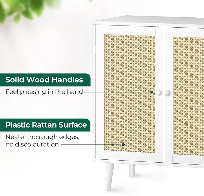 Buffet Cabinet with Storage, Storage Cabinet with PE Rattan Decor Doors, Accent Cabinet with Solid Wood Feet, Sideboard Cabinet for Hallway, Entry, Living Room, White - LeafyLoom
