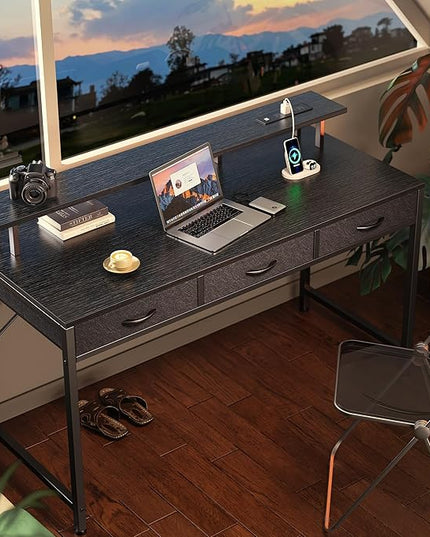 55 inch Computer Desk with 3 Drawers, Office Desk Gaming Desk with LED Lights & Power Outlets, Home Office Desks with Storage Space for Bedroom, Work from Home, Black - LeafyLoom