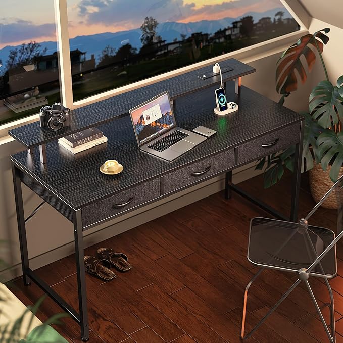 55 inch Computer Desk with 3 Drawers, Office Desk Gaming Desk with LED Lights & Power Outlets, Home Office Desks with Storage Space for Bedroom, Work from Home, Black - LeafyLoom
