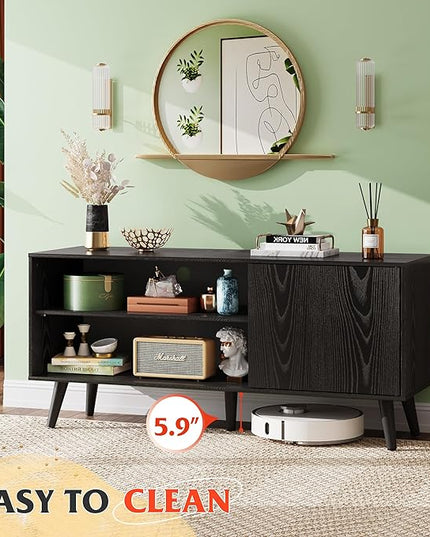 WLIVE Mid-Century Modern TV Stand for 55" TV, Entertainment Center with Storage, Open Shelves TV Console for Living Room and Bedroom, Black - LeafyLoom