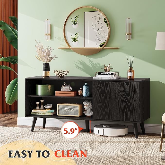 WLIVE Mid-Century Modern TV Stand for 55" TV, Entertainment Center with Storage, Open Shelves TV Console for Living Room and Bedroom, Black - LeafyLoom