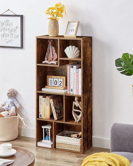 VECELO 42 Inch High Bookcase, 4-Tier Modern Storage Cabinet with Height Difference Shelves for Standard Textbooks, Floor Standing, 7 Cubes, Horizontal Available, Easy Assembly, Rustic Brown - LeafyLoom