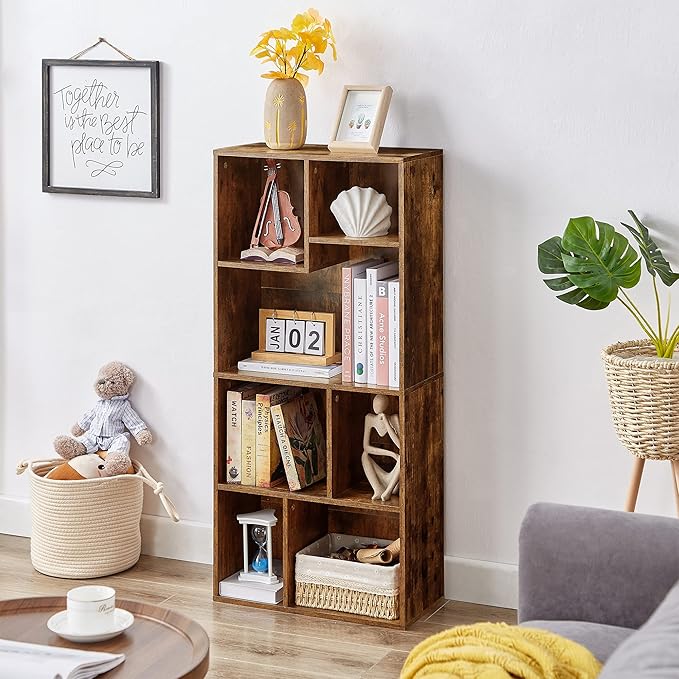VECELO 42 Inch High Bookcase, 4-Tier Modern Storage Cabinet with Height Difference Shelves for Standard Textbooks, Floor Standing, 7 Cubes, Horizontal Available, Easy Assembly, Rustic Brown - LeafyLoom