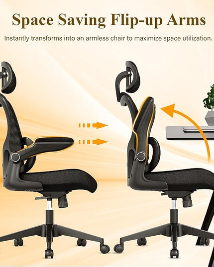 Ergonomic Mesh Office Chair, High Back Desk Chair with Adjustable Lumbar Support, Flip-Up Armrests, Headrest, Swivel Rolling Wheel, Comfy Computer Gaming Task Chairs for Adults Students (Black) - LeafyLoom