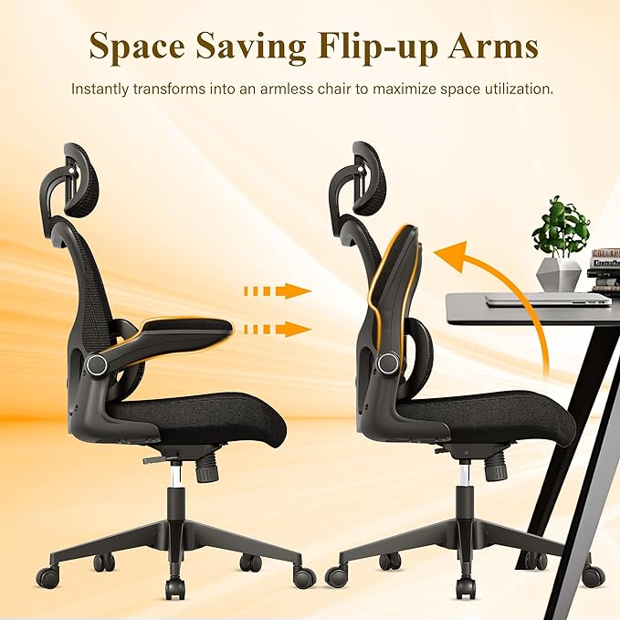 Ergonomic Mesh Office Chair, High Back Desk Chair with Adjustable Lumbar Support, Flip-Up Armrests, Headrest, Swivel Rolling Wheel, Comfy Computer Gaming Task Chairs for Adults Students (Black) - LeafyLoom