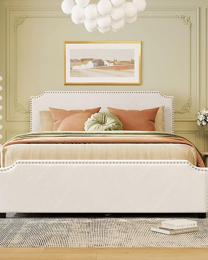 Queen Size Bed Frame with 4 Storage Drawers, Elegant Velvet Upholstered Platform Bed with Stud Trim Headboard and Footboard, Bedroom Furniture, No Box Spring Needed, Beige - LeafyLoom