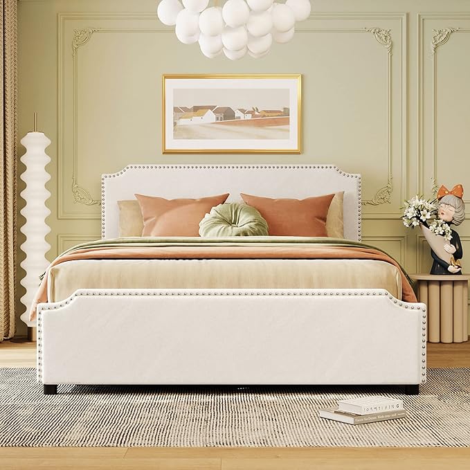 Queen Size Bed Frame with 4 Storage Drawers, Elegant Velvet Upholstered Platform Bed with Stud Trim Headboard and Footboard, Bedroom Furniture, No Box Spring Needed, Beige - LeafyLoom