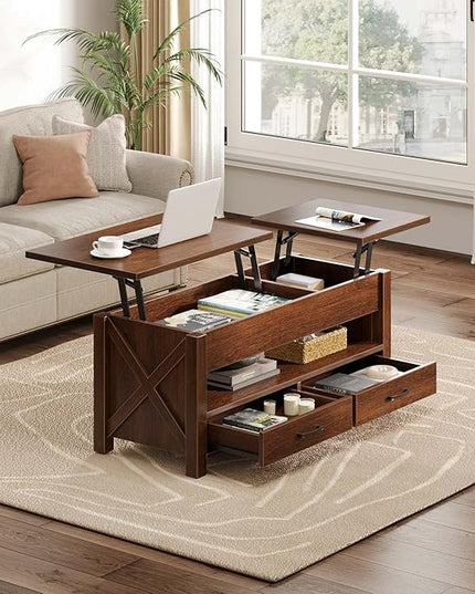 Seventable Coffee Table, 47.2" Lift Top Coffee Table with 2 Storage Drawers and Hidden Compartment, Farmhouse Center Table with Wooden Lift Tabletop, for Living Room,Espresso - LeafyLoom